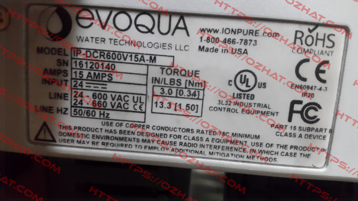 Model: IP-DCR600V15A-M Evoqua Water Technologies