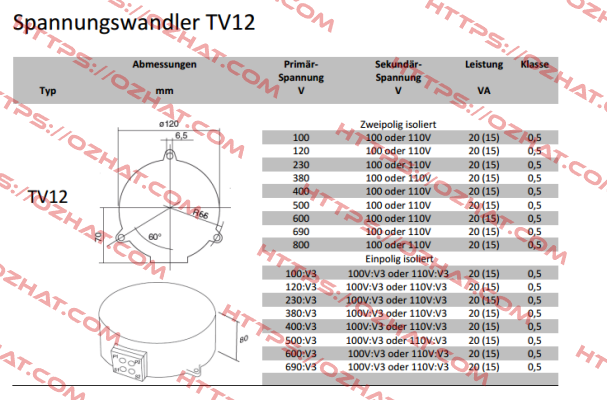 TV12, 690/100V Kl.0,5 20VA  Revalco